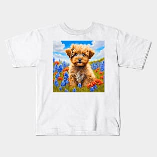 Yorkipoo Puppy in Texas Wildflower Field Kids T-Shirt